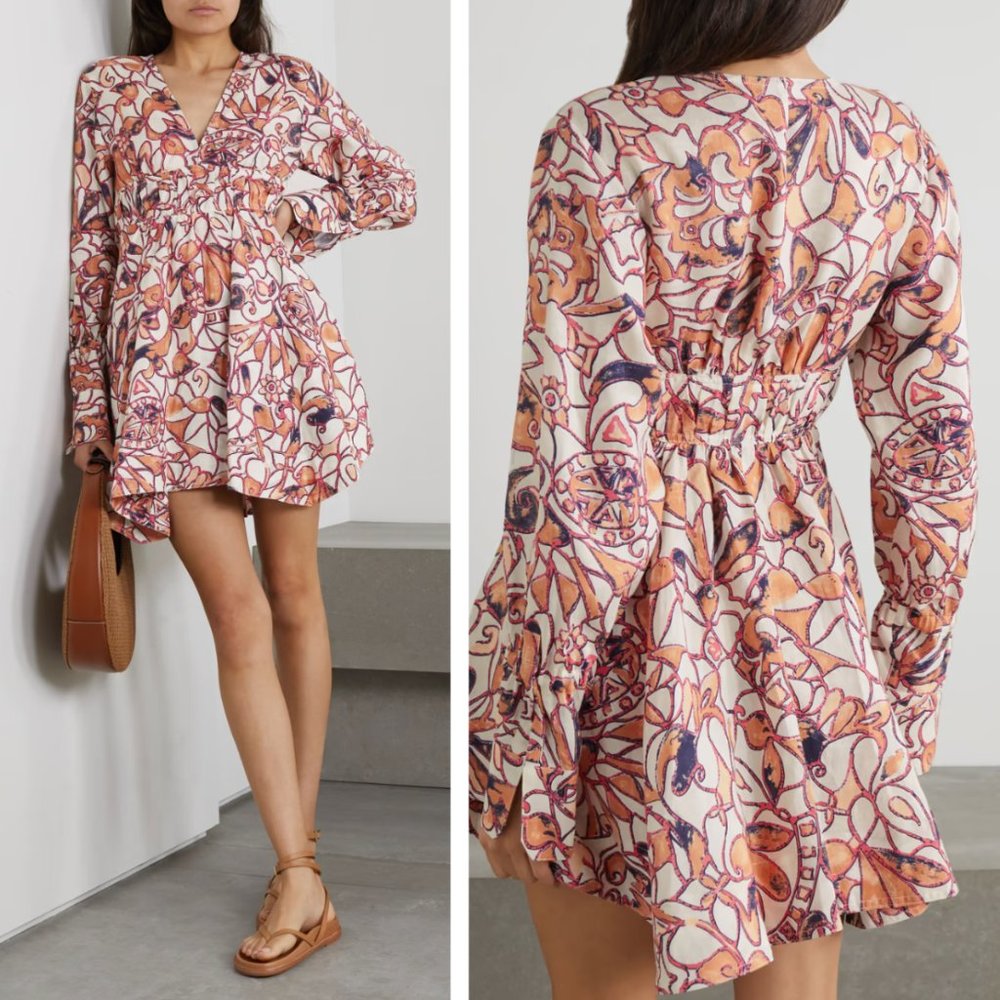 Printed Long-Sleeve Mini Dress in Ivory and Peach